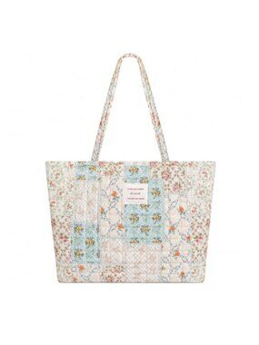 Quilted Floral Tote Bag with Zipper Closure for Women